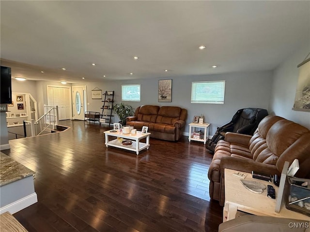 1404 Riverbend Dr, Lysander, NY 13027 - living room featuring hardwood / wood-style flooring, baseboards, and recessed lighting