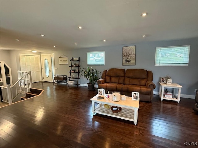 1404 Riverbend Dr, Lysander, NY 13027 - living area featuring hardwood / wood-style floors, baseboards, stairs, and recessed lighting