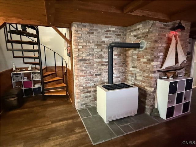 1404 Riverbend Dr, Lysander, NY 13027 - wine area featuring dark wood-type flooring, brick wall, and beam ceiling