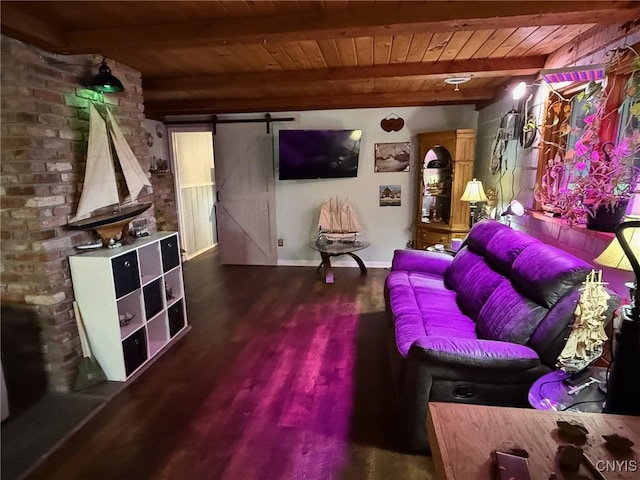 1404 Riverbend Dr, Lysander, NY 13027 - living area featuring wooden ceiling with exposed beams, a barn door, wood finished floors, and baseboards