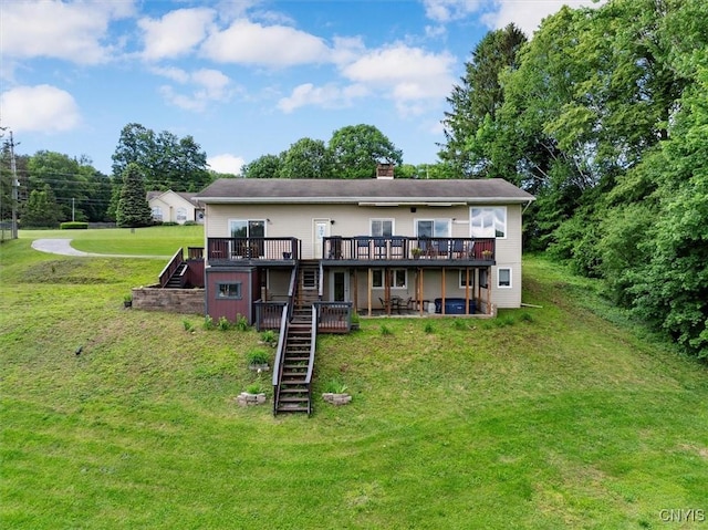 1404 Riverbend Dr, Lysander, NY 13027 - back of property featuring stairs, a wooden deck, a lawn, a patio, and a chimney