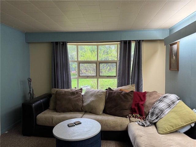 carpeted living room with ornamental molding