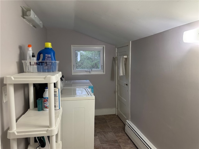 laundry area with separate washer and dryer, a wall mounted AC, baseboards, and a baseboard heating unit