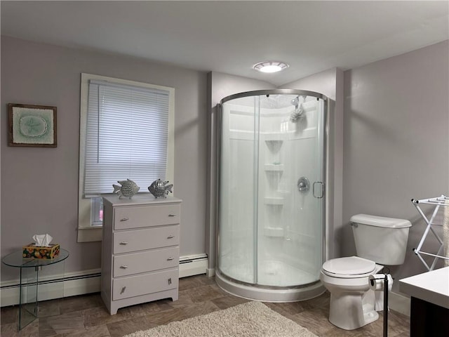 full bathroom featuring a shower stall, toilet, vanity, a baseboard radiator, and baseboards