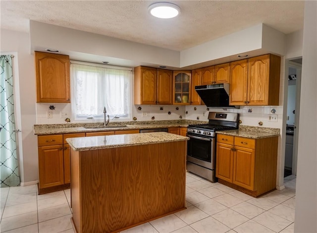 401 Montvale Ln, Greece, NY 14626 - kitchen with stainless steel appliances, a sink, ventilation hood, brown cabinets, and a textured ceiling