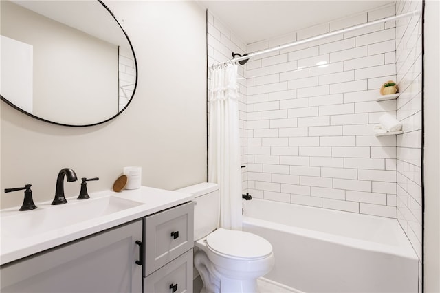 bathroom featuring toilet, shower / bathtub combination with curtain, and vanity