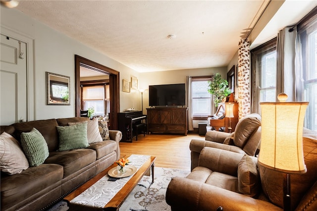 living area with light wood-type flooring and a textured ceiling