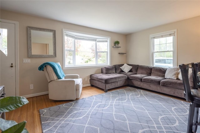 living room featuring plenty of natural light, wood finished floors, and baseboards