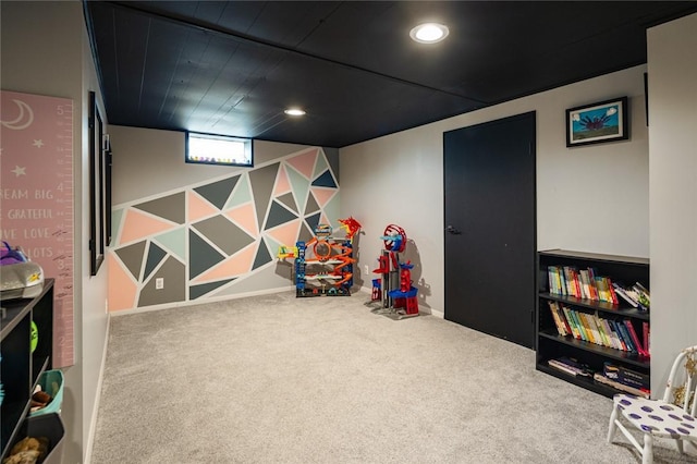 game room featuring carpet floors, baseboards, and recessed lighting