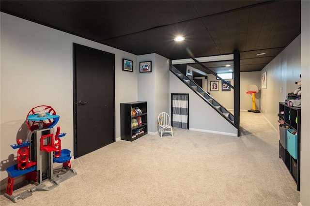 rec room featuring carpet, baseboards, and recessed lighting