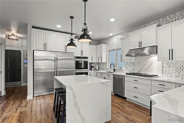 3750 Transit Rd, Orchard Park, NY 14127 - kitchen featuring stainless steel appliances, under cabinet range hood, recessed lighting, white cabinetry, and light stone countertops