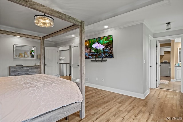 3750 Transit Rd, Orchard Park, NY 14127 - bedroom featuring ornamental molding, light wood finished floors, baseboards, a chandelier, and recessed lighting