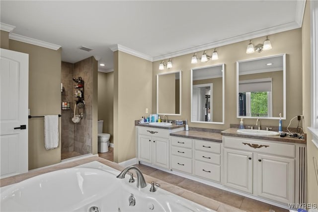 3750 Transit Rd, Orchard Park, NY 14127 - bathroom with a tub with jets, a stall shower, ornamental molding, double vanity, and toilet
