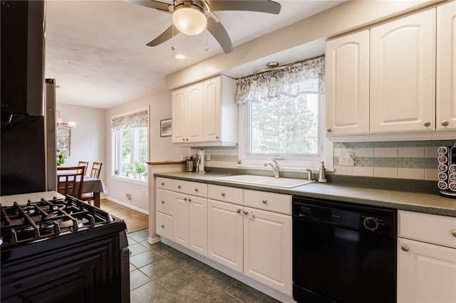 kitchen featuring black appliances, a sink, ceiling fan, tasteful backsplash, and recessed lighting