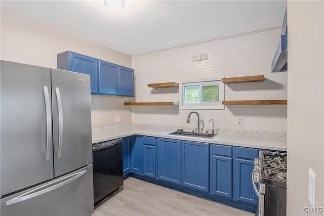 121 Roney Rd, Syracuse, NY 13205 - kitchen featuring appliances with stainless steel finishes, open shelves, blue cabinets, and a sink