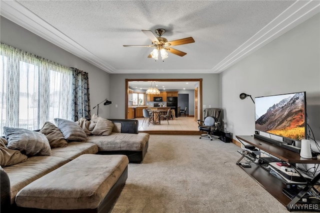 3472 Stevenson Ct, Wheatfield, NY 14120 - living area with light colored carpet, ceiling fan, and a textured ceiling