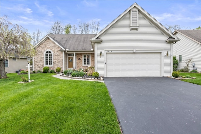 view of front of house featuring asphalt driveway, stone siding, a front yard, and a garage