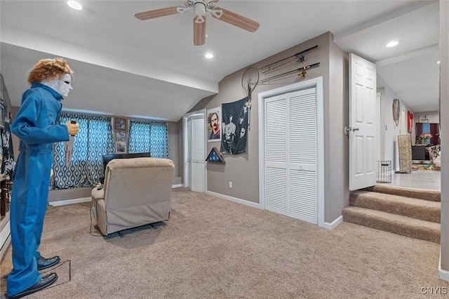 sitting room with carpet flooring, baseboards, a ceiling fan, vaulted ceiling, and recessed lighting