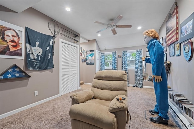 living area featuring carpet floors, ceiling fan, recessed lighting, and baseboards