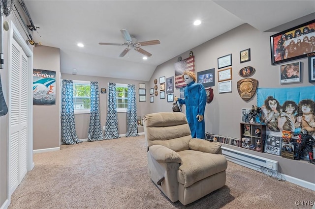 living area featuring ceiling fan, carpet, recessed lighting, baseboards, and lofted ceiling