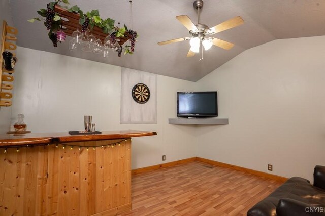 7735 Coates Rd N, Trenton, NY 13354 - indoor bar featuring vaulted ceiling, light wood-style flooring, baseboards, and a ceiling fan