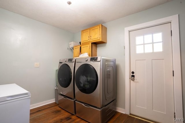 7735 Coates Rd N, Trenton, NY 13354 - clothes washing area with independent washer and dryer, baseboards, cabinet space, and dark wood-style floors