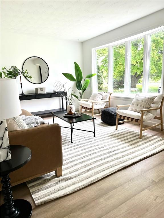 living area with plenty of natural light and wood finished floors