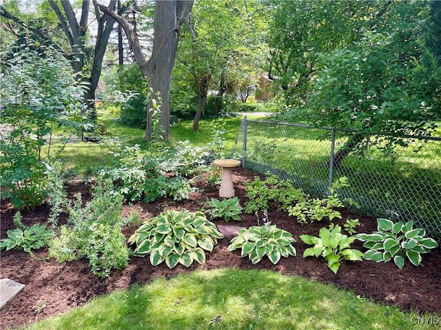 view of yard featuring fence and a vegetable garden