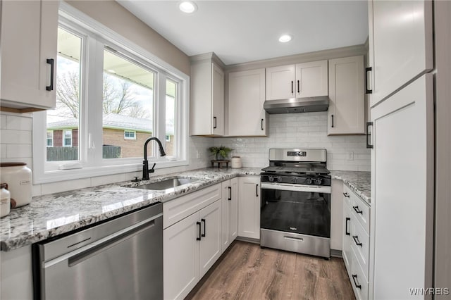 kitchen featuring stainless steel appliances, under cabinet range hood, a sink, dark wood-style flooring, and tasteful backsplash