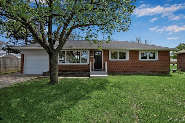 ranch-style house featuring driveway, an attached garage, and brick siding