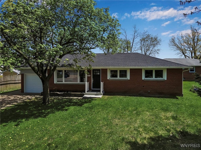 single story home featuring brick siding, a garage, driveway, and roof with shingles