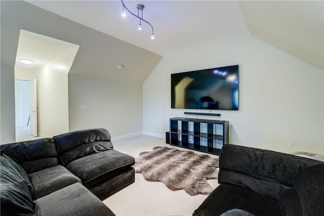 living room featuring lofted ceiling and carpet floors