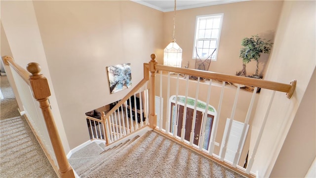 staircase with carpet flooring, crown molding, and baseboards