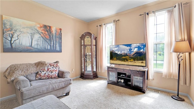 living area featuring ornamental molding, carpet, and baseboards