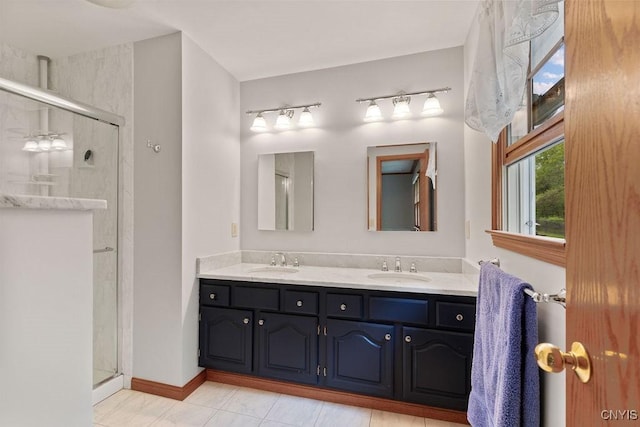 full bathroom featuring a stall shower and double vanity