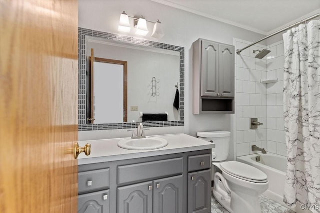 full bathroom with vanity, toilet, shower / tub combo with curtain, crown molding, and tile patterned flooring