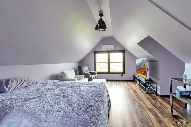 353 Campbell Rd, Sweden, NY 14420 - bedroom with lofted ceiling, wood finished floors, and a wall mounted AC