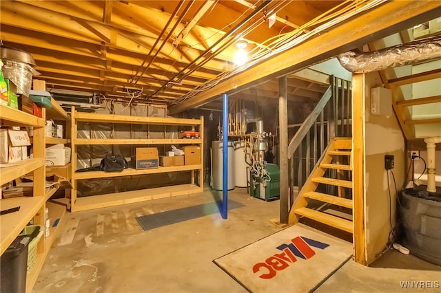 353 Campbell Rd, Sweden, NY 14420 - unfinished basement with water heater, stairs, and a heating unit