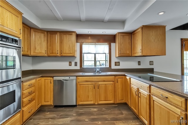 353 Campbell Rd, Sweden, NY 14420 - kitchen featuring stainless steel appliances, a sink, dark countertops, dark wood-type flooring, and recessed lighting
