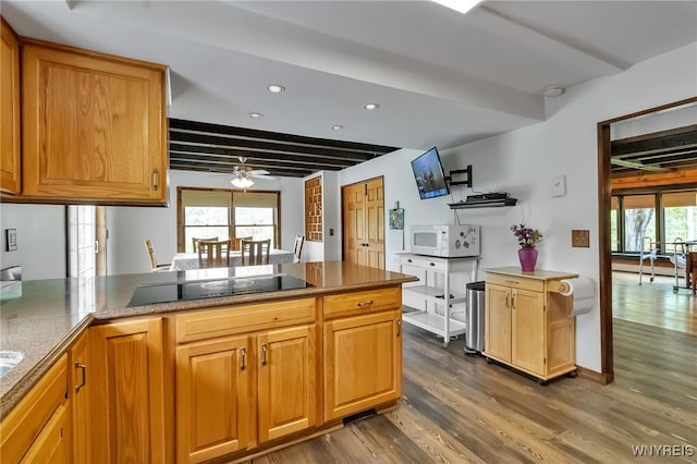 353 Campbell Rd, Sweden, NY 14420 - kitchen featuring white microwave, dark wood-type flooring, black electric cooktop, a peninsula, and recessed lighting