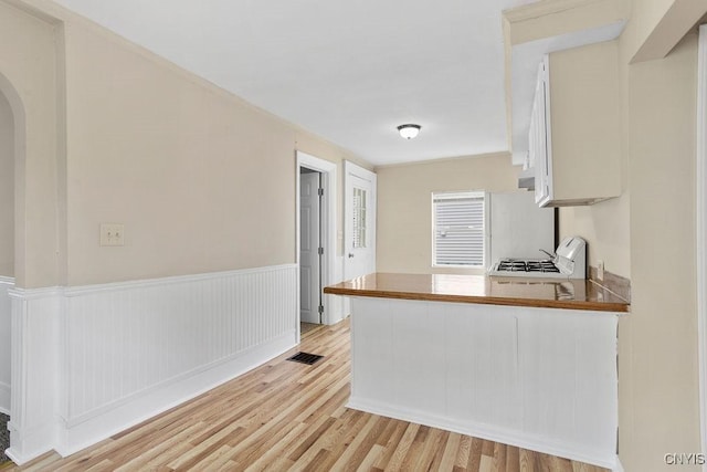 6 E 6th St, Oswego-City, NY 13126 - kitchen featuring light wood finished floors, arched walkways, a peninsula, and wainscoting
