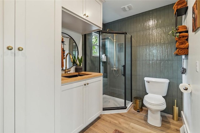 314 Hamilton St, Benton, NY 14527 - bathroom featuring a stall shower, toilet, wood finished floors, vanity, and tile walls