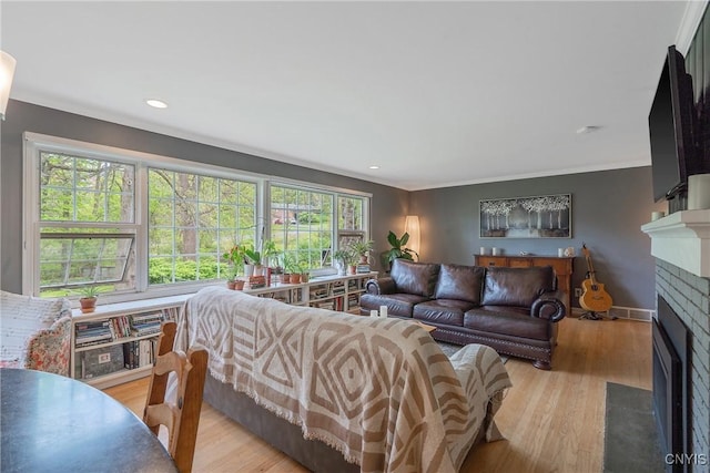 9 Bishop Dr, Manlius, NY 13066 - living area with a fireplace with flush hearth, wood finished floors, recessed lighting, crown molding, and baseboards