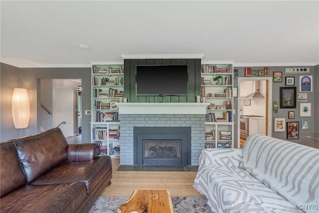 9 Bishop Dr, Manlius, NY 13066 - living area with wood finished floors, crown molding, a brick fireplace, and built in features