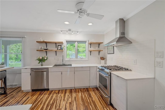 9 Bishop Dr, Manlius, NY 13066 - kitchen featuring stainless steel appliances, wall chimney exhaust hood, a sink, open shelves, and crown molding