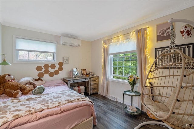 9 Bishop Dr, Manlius, NY 13066 - bedroom featuring a wall mounted air conditioner, dark wood-style flooring, crown molding, and baseboards