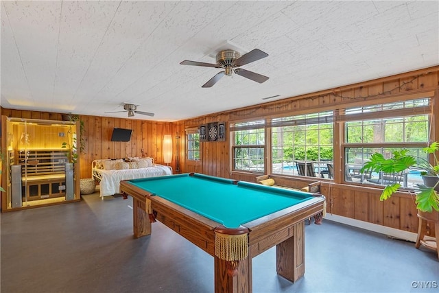 9 Bishop Dr, Manlius, NY 13066 - game room featuring a ceiling fan, wood walls, and pool table