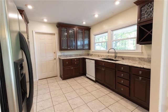 100 Parkview Dr, Erwin, NY 14870 - kitchen featuring a sink, stainless steel fridge, white dishwasher, dark brown cabinets, and light tile patterned floors