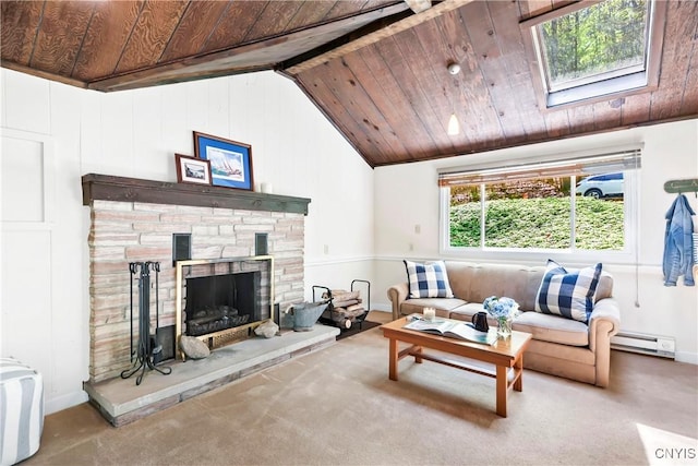 living room featuring wood ceiling, carpet floors, baseboards, a fireplace, and a skylight