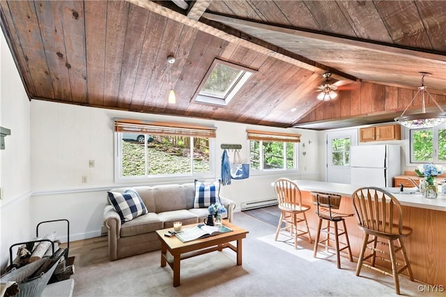 living room with wood ceiling, a skylight, a baseboard radiator, and a ceiling fan